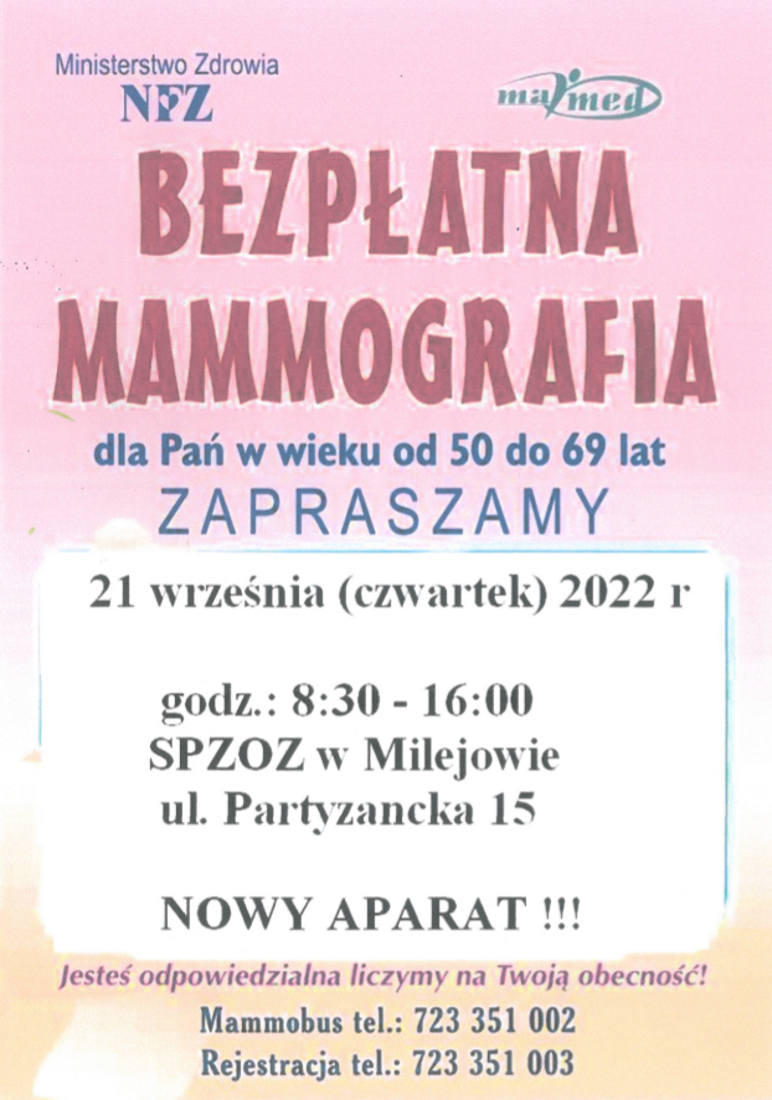 Bezpłatna mammografia dla Pań w wieku od 50 do 69 lat.