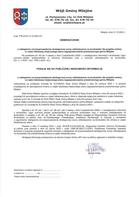 Obwieszczenie o odstąpieniu od przeprowadzenia strategicznej oceny oddziaływania na środowisko dla projektu zmiany w części tekstowej miejscowego planu zagospodarowania przestrzennego gminy Milejów