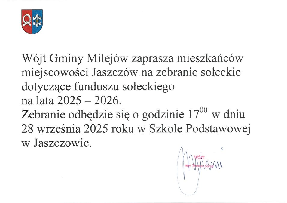 Ogłoszenie - zebranie sołeckie Jaszczów.