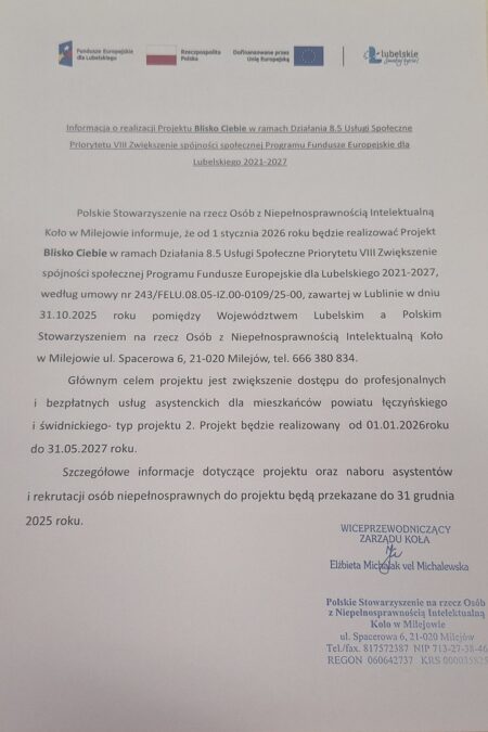Informacja o realizacji Projektu "Blisko Ciebie"
