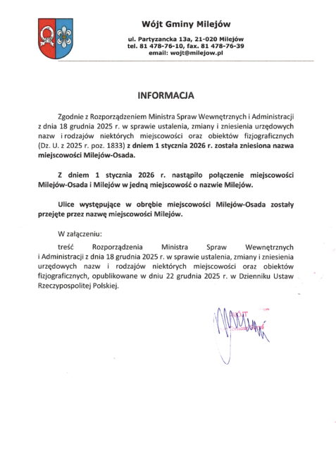 Informacja - zniesienie nazwy miejscowości Milejów-Osada